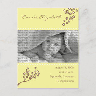 Baby Birth Announcement Yellow Branch Design Ankündigungspostkarte