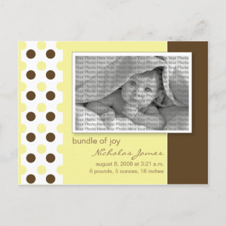 Baby Birth Announcement Yellow Polka Dots Ankündigungspostkarte