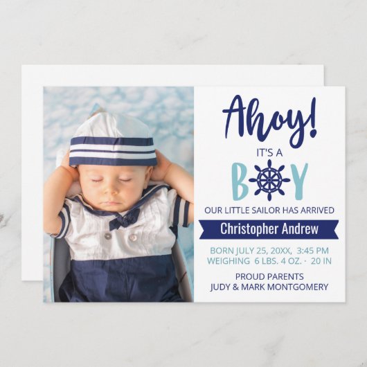 Baby Birth Nautical Ahoy Es ist ein Junge Foto Ankündigung (Vorne/Hinten)