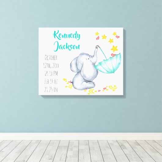 Baby Birth Record Stats Elephant Hearts and Stars Leinwanddruck (Insitu (Holzboden))