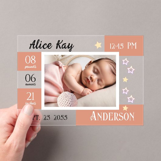 Baby Birth Statistics One Foto Pink Ankündigung (Insitu (Handheld))