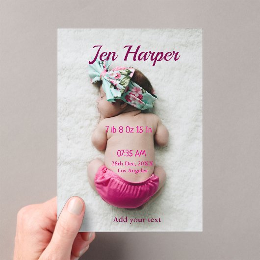 Baby birth stats add name place date keepsake memo acryleinladungen (Insitu (Handheld))