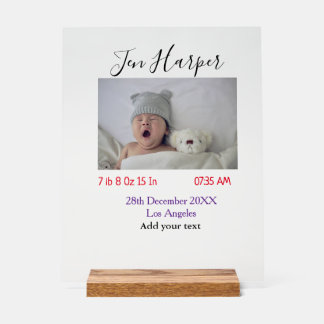 Baby birth stats add name place date keepsake memo acrylschild