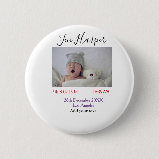 Baby birth stats add name place date keepsake memo button (Vorderseite)