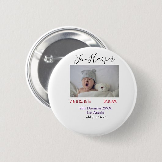 Baby birth stats add name place date keepsake memo button (Vorne & Hinten)