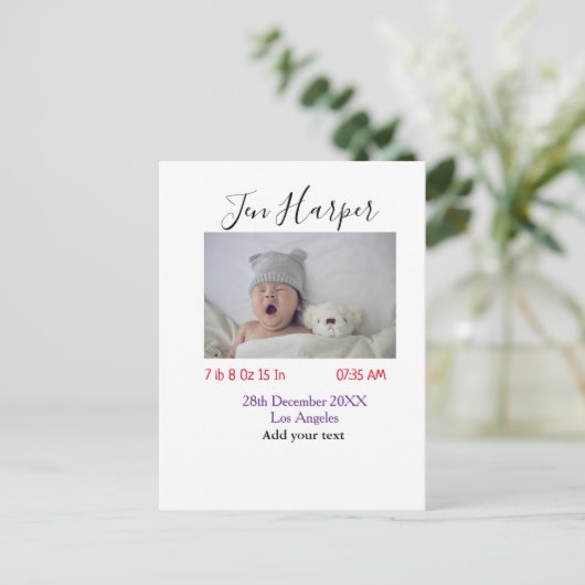 Baby birth stats add name place date keepsake memo postkarte (Stehend Vorderseite)