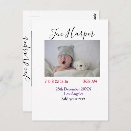 Baby birth stats add name place date keepsake memo postkarte (Vorne/Hinten)