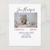 Baby birth stats add name place date keepsake memo postkarte (Vorderseite)