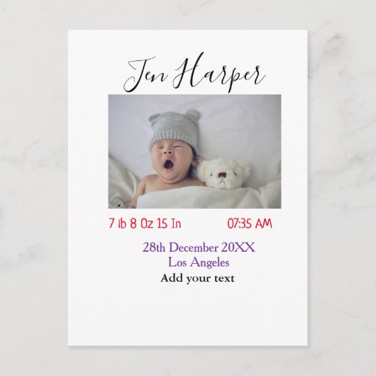 Baby birth stats add name place date keepsake memo postkarte (Vorderseite)