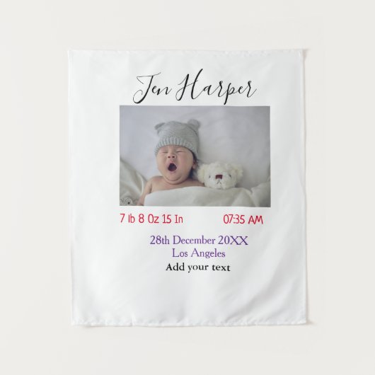 Baby birth stats add name place date keepsake memo wandteppich (Vorderseite)