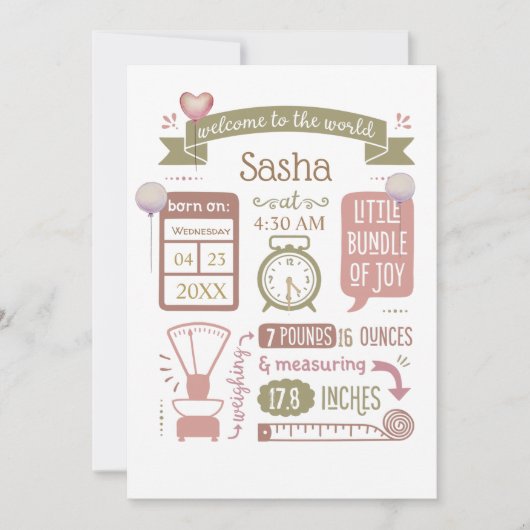 Baby Birth Stats Ankündigung Pink (Vorderseite)