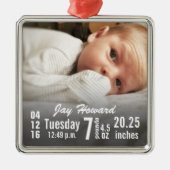 Baby Birth Stats Birth Record Christmas Foto Ornament Aus Metall (Vorne)