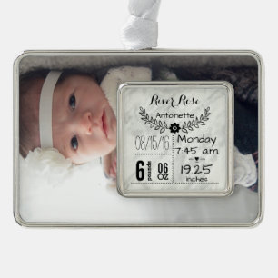 Baby Birth Stats Birth Record Christmas Foto Rahmen-Ornament Silber