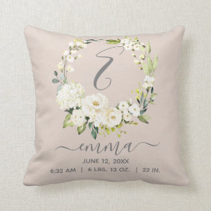 Baby Birth Stats Blush Pink White Floral Wreath Kissen