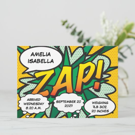 Baby Birth Stats Comic Pop Ankündigung (Stehend Vorderseite)