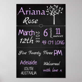 Baby Birth Stats Custom Wall Print - Lila Chalk Poster