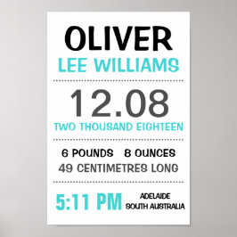 Baby Birth Stats Custom Wall Print Poster - Aqua