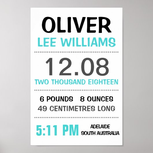 Baby Birth Stats Custom Wall Print Poster - Aqua (Vorne)