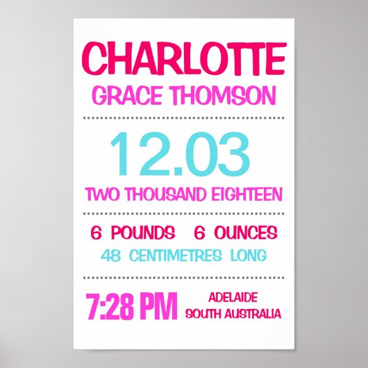 Baby Birth Stats Custom Wall Print Poster - Pink (Vorne)