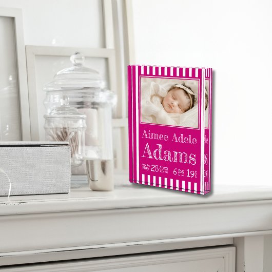Baby Birth Stats Foto Block | Magenta Stripes