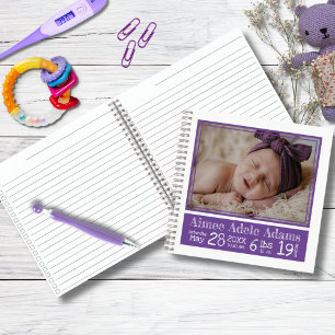 Baby Birth Stats Foto-Notebook   Lila Streifen Notizblock