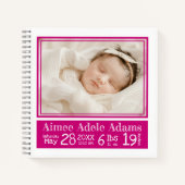 Baby Birth Stats Foto-Notebook | Magenta Stripes Notizblock (Vorderseite)