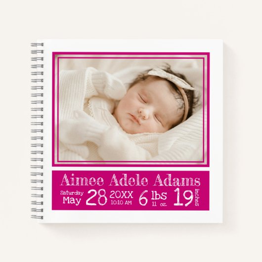 Baby Birth Stats Foto-Notebook | Magenta Stripes Notizblock (Vorderseite)