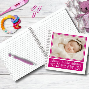 Baby Birth Stats Foto-Notebook   Magenta Stripes Notizblock