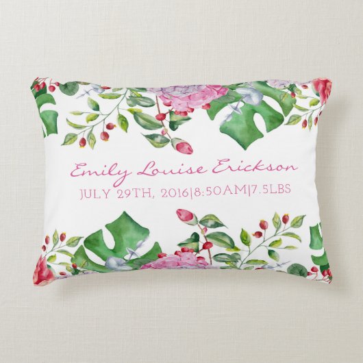 Baby Birth Stats Girl Floral Name Tropical Zierkissen (Vorderseite)
