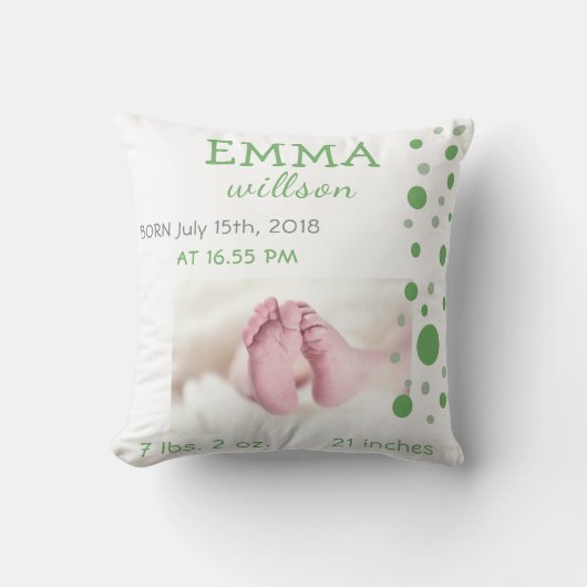 Baby Birth Stats Green Circles Foto Kissen (Vorderseite)