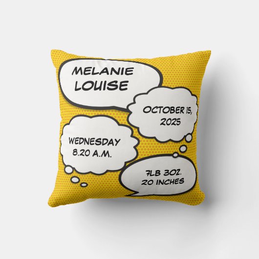 Baby Birth Stats Modernes Fun Comic Buch Keepake Kissen (Rückseite)