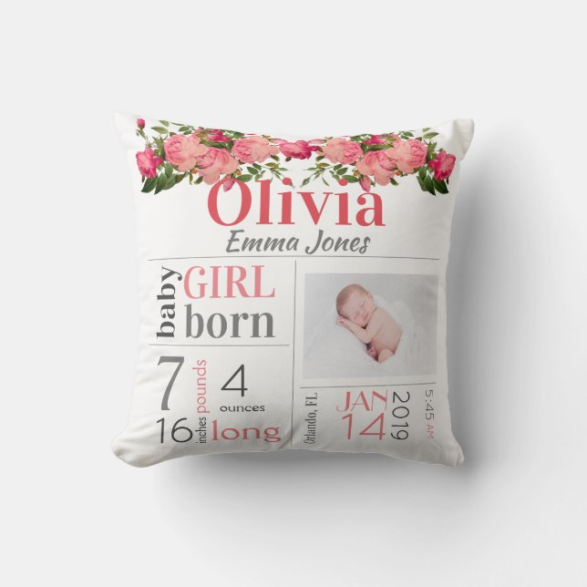 Baby Birth Stats Pink und Peach Floral Kissen (Vorderseite)