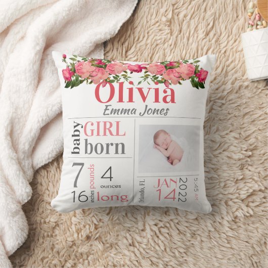 Baby Birth Stats Pink und Peach Floral Throw Pillo Kissen (Decke)