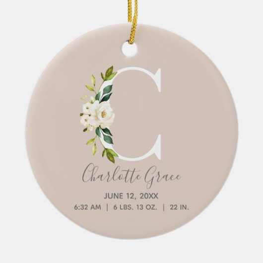 Baby Birth Stats Record Blush Foto Monogram C Keramik Ornament (Vorne)