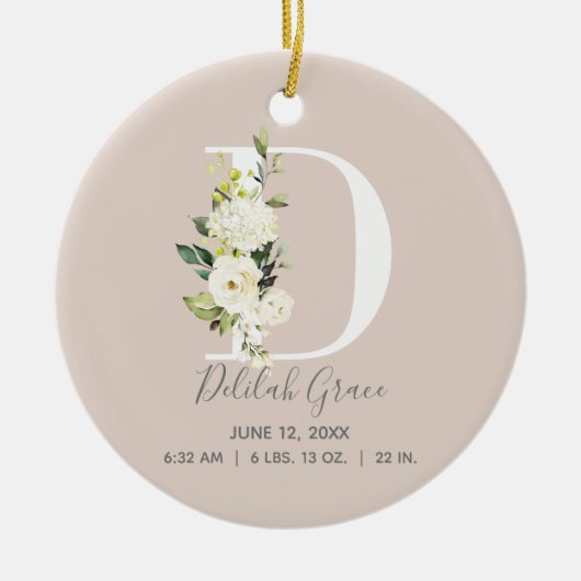 Baby Birth Stats Record Blush Foto Monogram D Keramik Ornament (Vorne)
