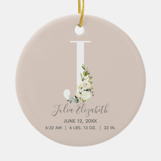 Baby Birth Stats Record Blush Foto Monogram J Keramik Ornament (Vorne)