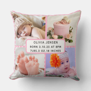 Baby Birth Stats Vier Foto Collage rosa polka Punk Kissen