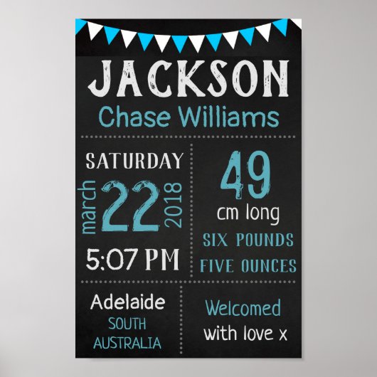Baby Birth Stats Wall Print Poster - Blue Chalk (Vorne)