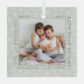 Baby Birth Stats White Snowflake Foto Frame Green Ornament Aus Glas (Rückseite)