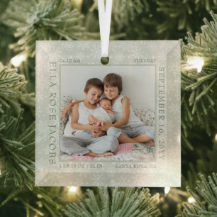Baby Birth Stats White Snowflake Foto Frame Green Ornament Aus Glas