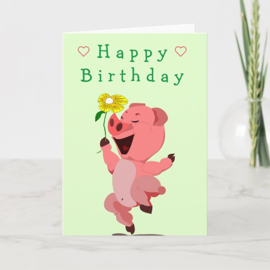Baby Birthday Card Happy Piglet mit Blume Karte (Vorderseite)