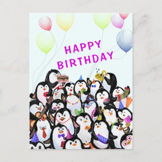 Baby Birthday Card Happy Pinguins Party Postkarte (Vorderseite)