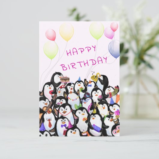 Baby Birthday Card Pinguine Party - Ihr Textname Karte (Stehend Vorderseite)