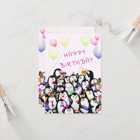 Baby Birthday Card Pinguine Party - Ihr Textname Karte (Vorderseite/Rückseite Beispiel)