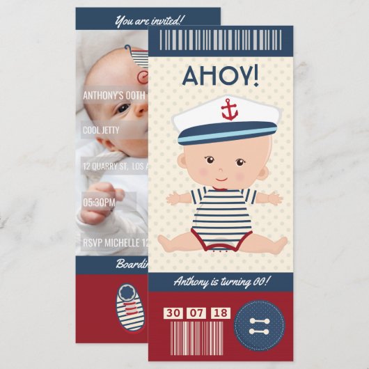 Baby Birthday Nautic Boarding Pass Ticket Foto Einladung (Vorne/Hinten)