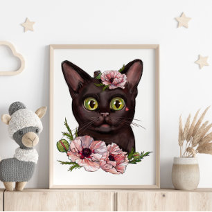 Baby Black Cat Rose Animal Poster   Wall Print