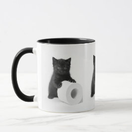 Baby Black Kitten Guarding Toilet Paper Roll On Tasse