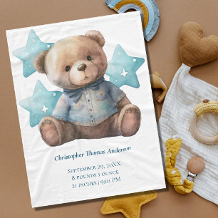 Baby Blanket Birth Stats Baby Bear Blue Boy Gesche Fleecedecke