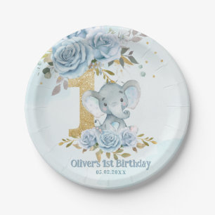 Baby Blau Floral Süßer Elefant Junge 1. Geburtstag Pappteller