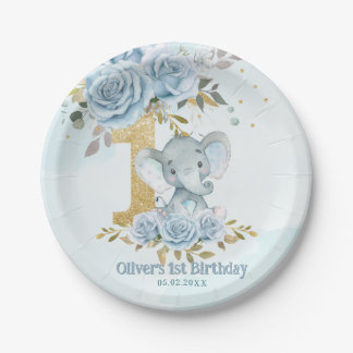 Baby Blau Floral Süßer Elefant Junge 1. Geburtstag Pappteller